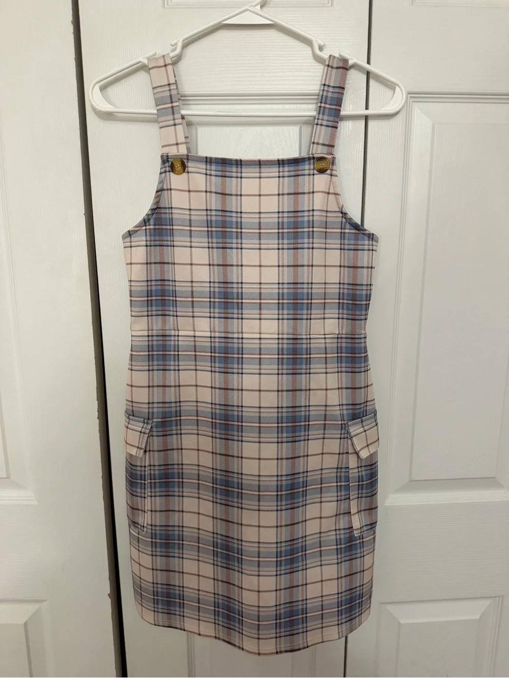 Beauties by Amy Byer Beige and Blue Plaid Pinafore Mini Dress